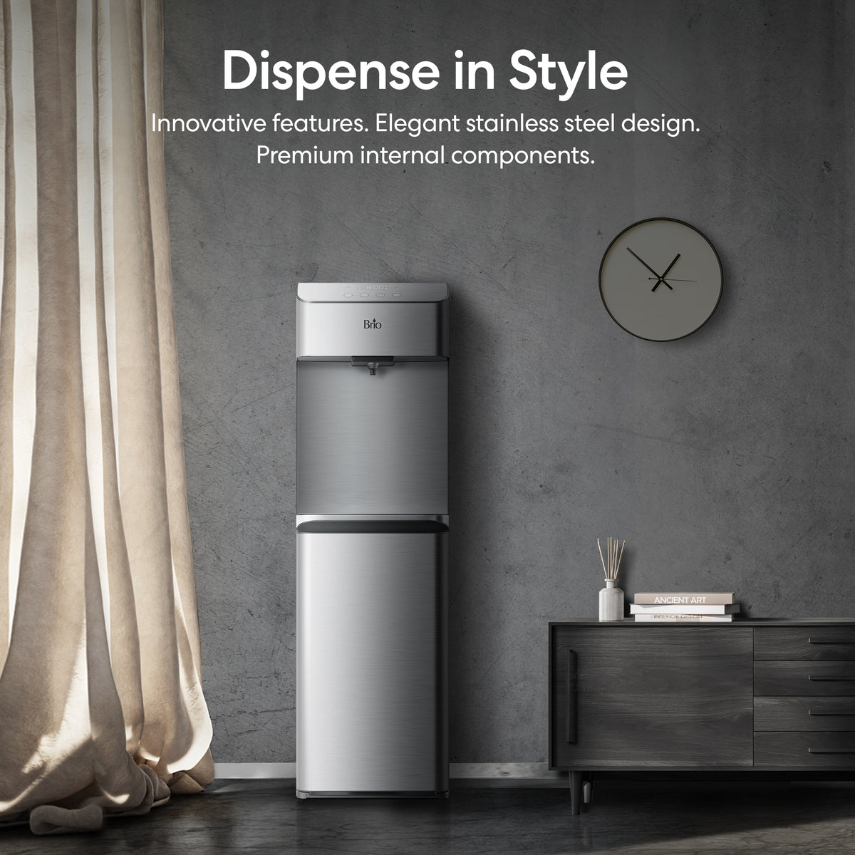 A 3-Stage Bottleless Water Dispenser - Moderna 730 stands in a stylish room with gray walls, a clock, a cabinet, and beige curtains. Text above highlights its sleek stainless steel design, premium features, and advanced 3-stage filtration system for exceptionally pure water.