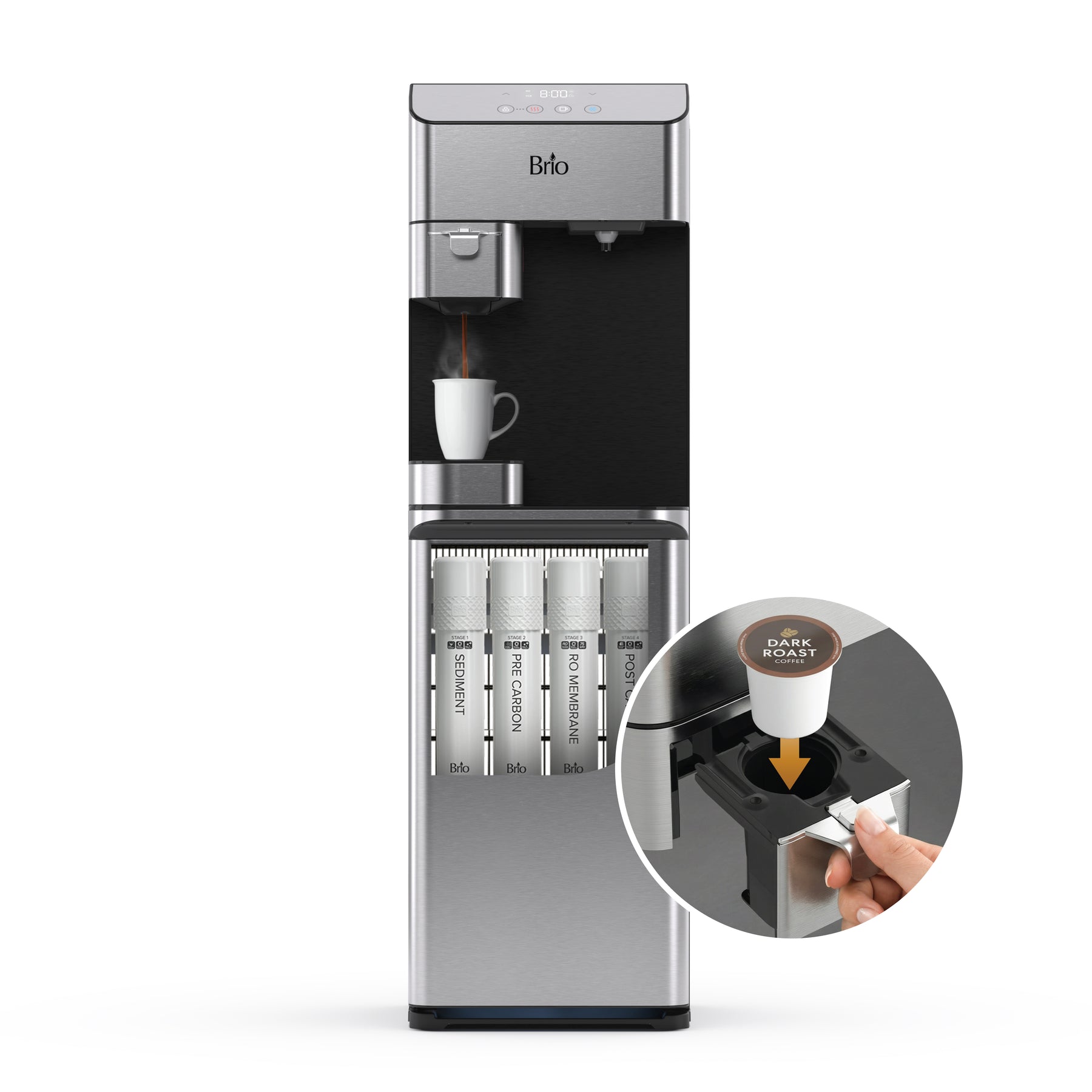 A hand inserts a dark roast pod into the Brio Moderna 4-Stage Reverse Osmosis Coffee Maker & Bottleless Water Cooler Dispenser. The tall silver unit features a white mug at the spout and four visible pod slots for versatile brewing.