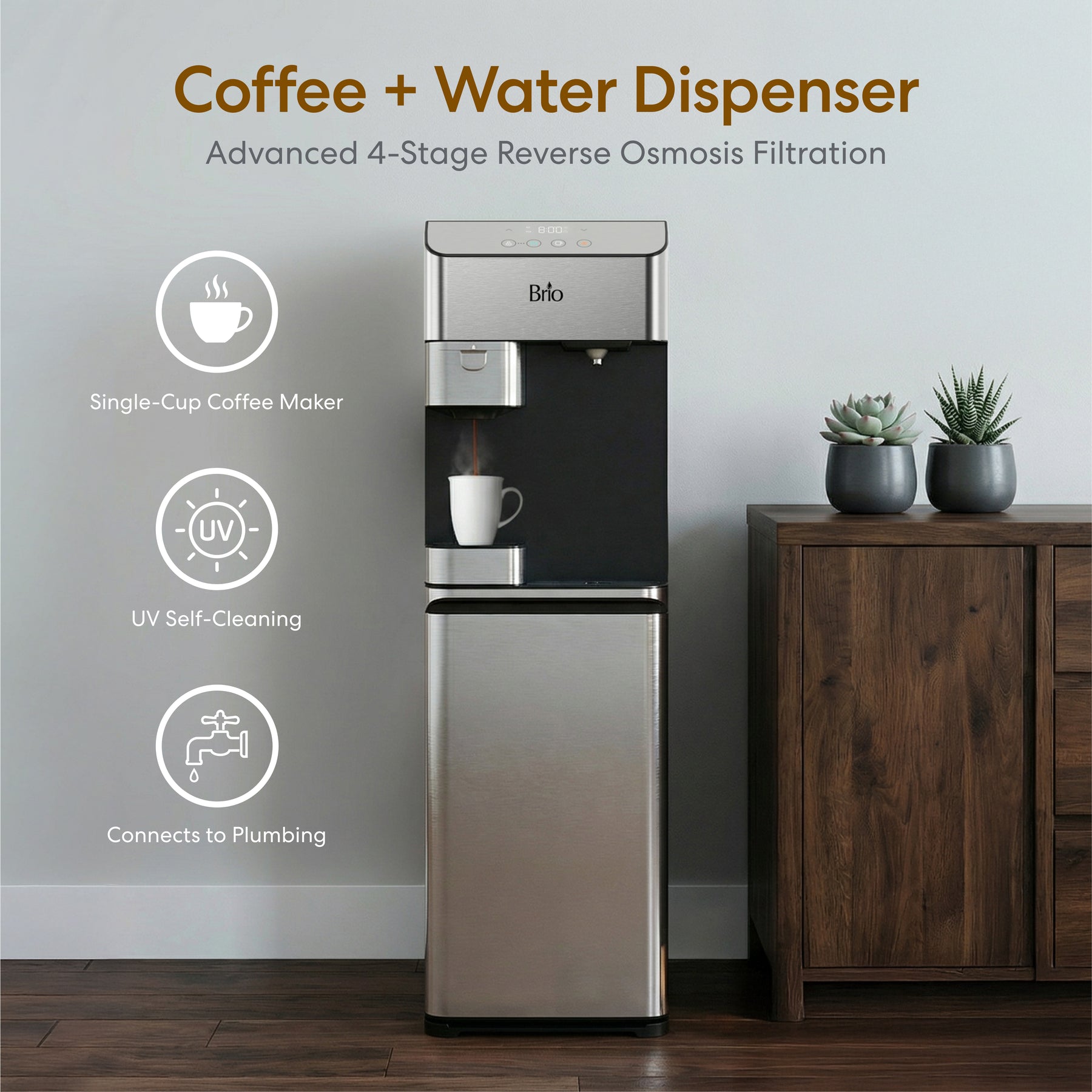 The Brio Moderna 4-Stage Reverse Osmosis Coffee Maker & Bottleless Water Cooler Dispenser offers single-cup brewing, UV self-cleaning, direct plumbing connection, and advanced 4-stage water filtration.