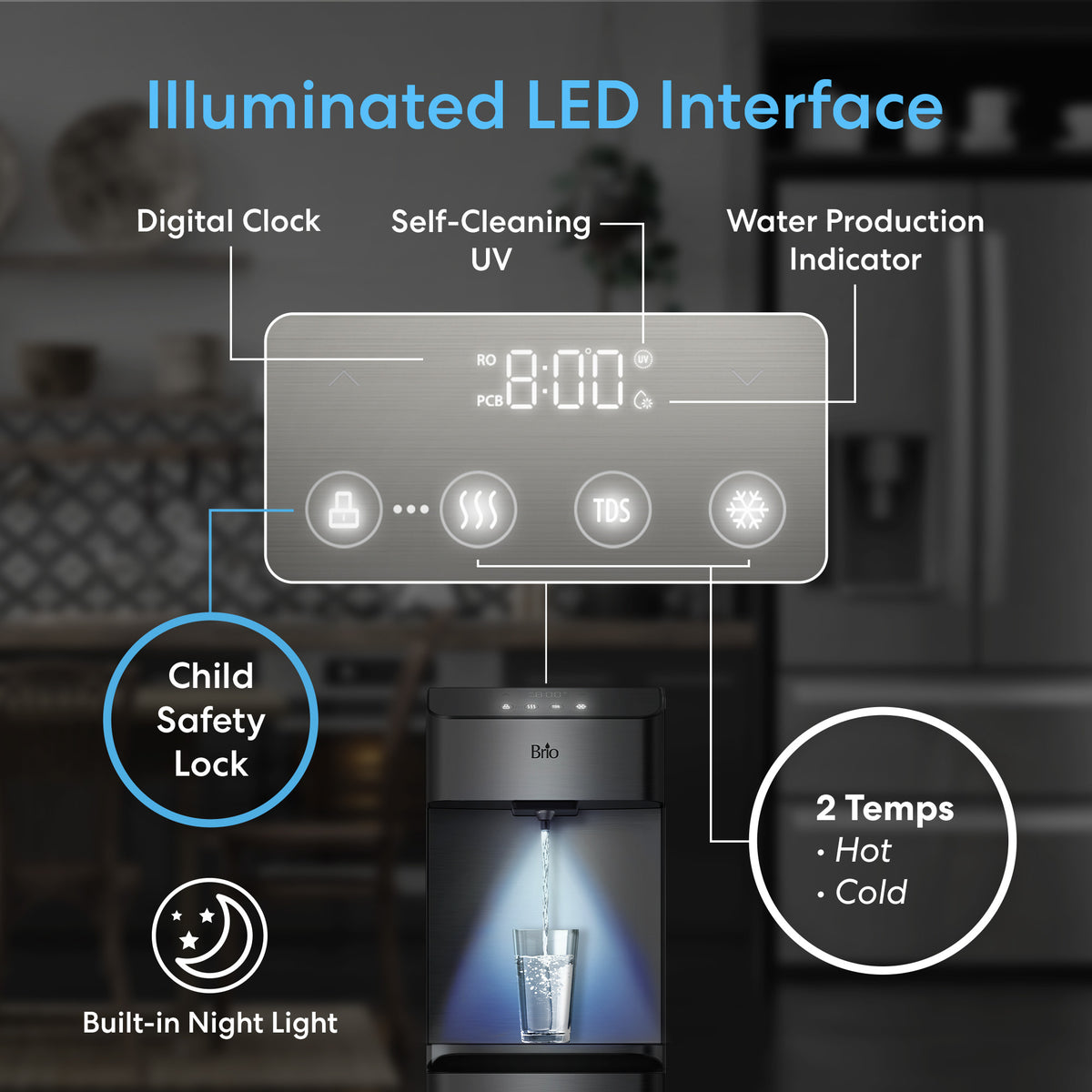 The Reverse Osmosis Bottleless Water Dispenser - Moderna 730 RO features an illuminated LED interface that displays the time, UV cleaning status, water indicators, and a child safety lock. This self-cleaning dispenser includes a built-in night light and delivers both hot and cold water. A glass fills with water beneath the bottleless Moderna 730 RO cooler.