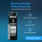 Reverse Osmosis Bottleless Water Dispenser – Model 420 RO, shown dispensing water into a glass, features an open compartment displaying four filter cartridges for advanced 4-stage filtration. Text highlights bottleless convenience and direct water connection, set against a blue background.