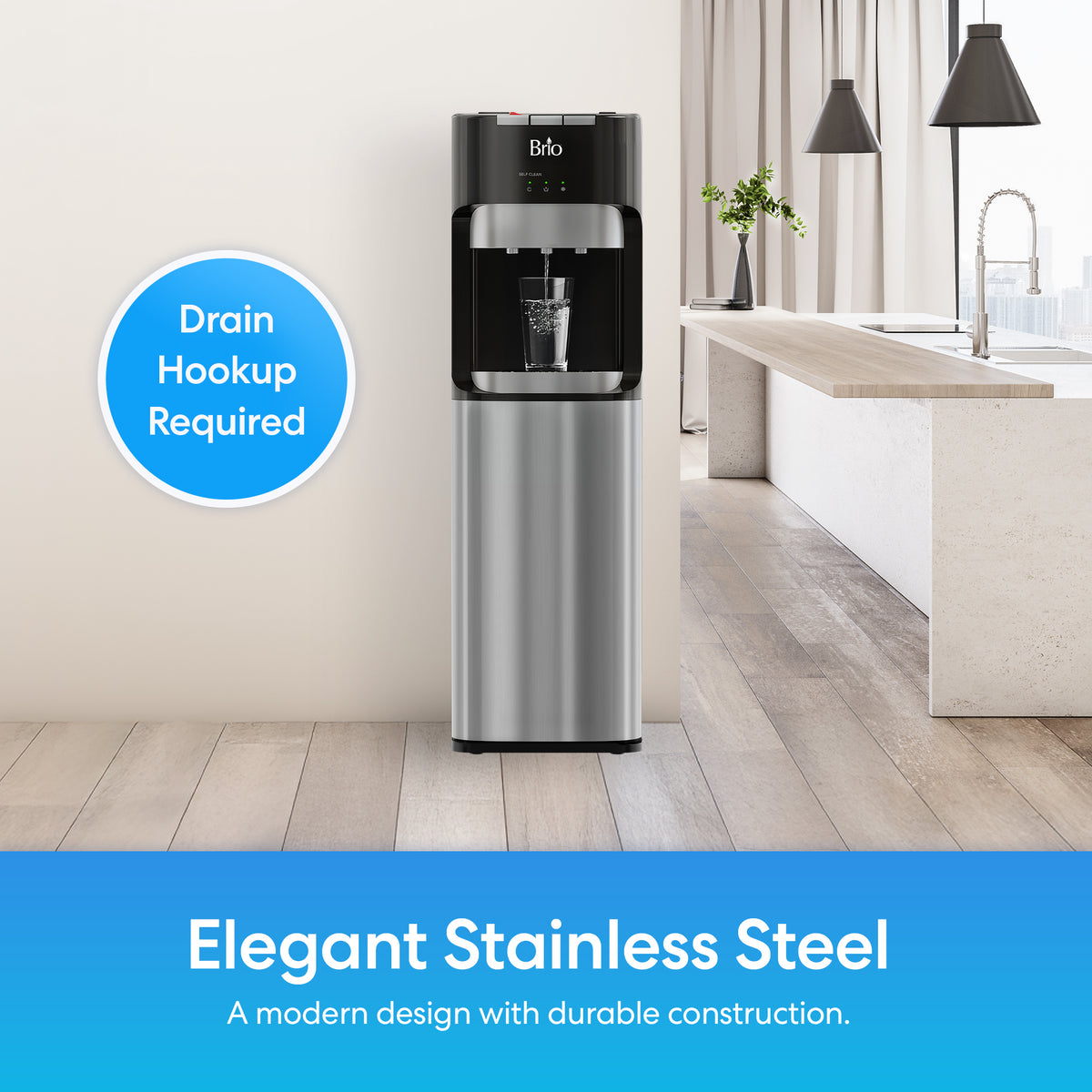 A Reverse Osmosis Bottleless Water Dispenser - Model 420 RO stands in a modern kitchen. Text reads Drain Hookup Required and Elegant Stainless Steel: A modern design with durable construction and advanced 4-stage water filtration for pure, refreshing hydration.