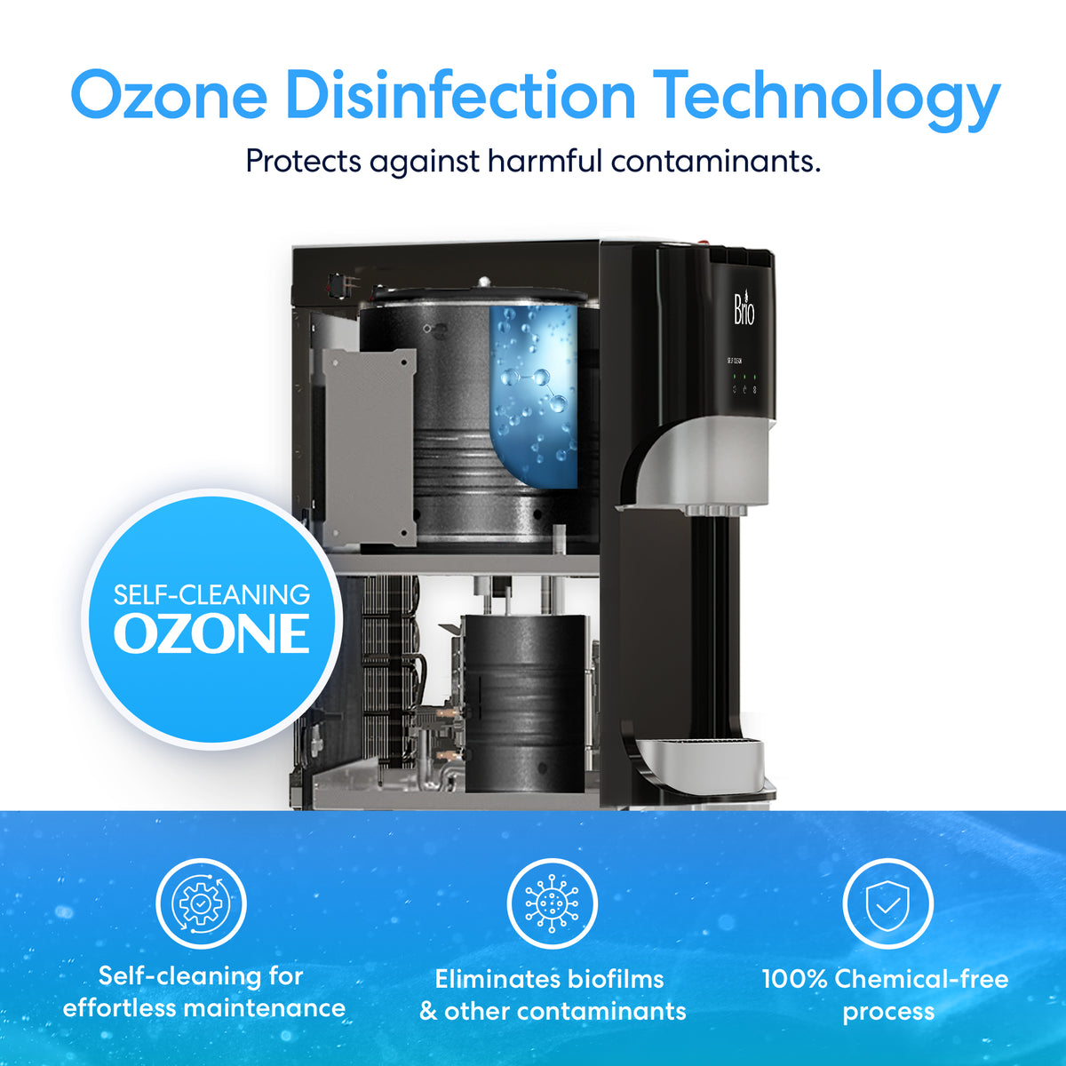 Introducing the Reverse Osmosis Bottleless Water Dispenser - Model 420 RO: This sleek black dispenser features a visible inner chamber and blue accent icons that showcase its advanced ozone disinfection technology. Enjoy self-cleaning action, biofilm removal, and completely chemical-free operation. Key benefits include a robust 4-stage water filtration system for pure, refreshing water every time.