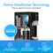 Introducing the Reverse Osmosis Bottleless Water Dispenser - Model 420 RO: This sleek black dispenser features a visible inner chamber and blue accent icons that showcase its advanced ozone disinfection technology. Enjoy self-cleaning action, biofilm removal, and completely chemical-free operation. Key benefits include a robust 4-stage water filtration system for pure, refreshing water every time.