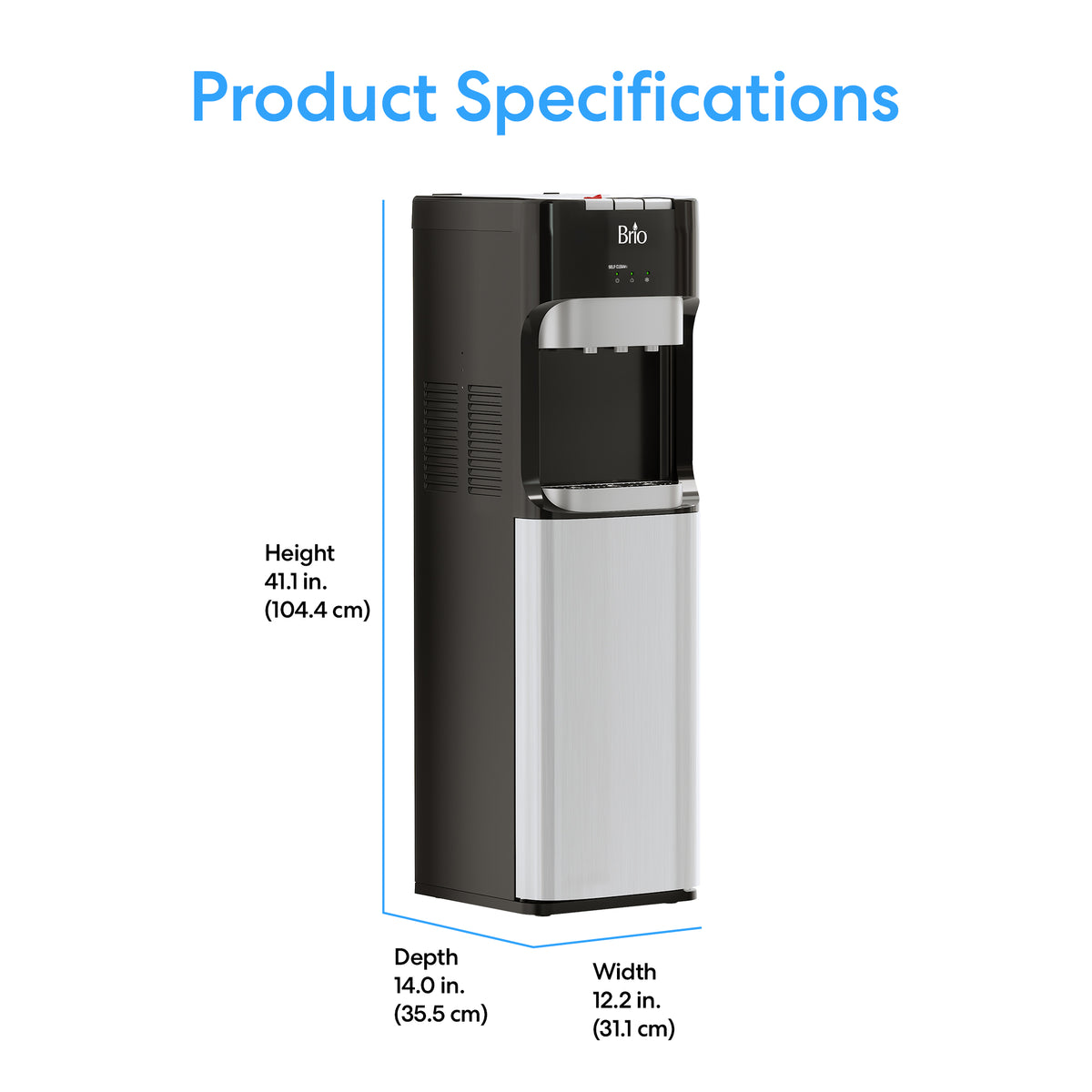A sleek black and silver Reverse Osmosis Bottleless Water Dispenser - Model 420 RO is shown, with dimensions labeled: height 41.1 in. (104.4 cm), width 12.2 in. (31.1 cm), and depth 14.0 in. (35.5 cm). Featuring advanced 4-stage water filtration, this bottleless cooler provides pure, refreshing hydration for your home or office needs. Blue text above the dispenser reads Product Specifications.