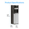 A sleek black and silver Reverse Osmosis Bottleless Water Dispenser - Model 420 RO is shown, with dimensions labeled: height 41.1 in. (104.4 cm), width 12.2 in. (31.1 cm), and depth 14.0 in. (35.5 cm). Featuring advanced 4-stage water filtration, this bottleless cooler provides pure, refreshing hydration for your home or office needs. Blue text above the dispenser reads Product Specifications.