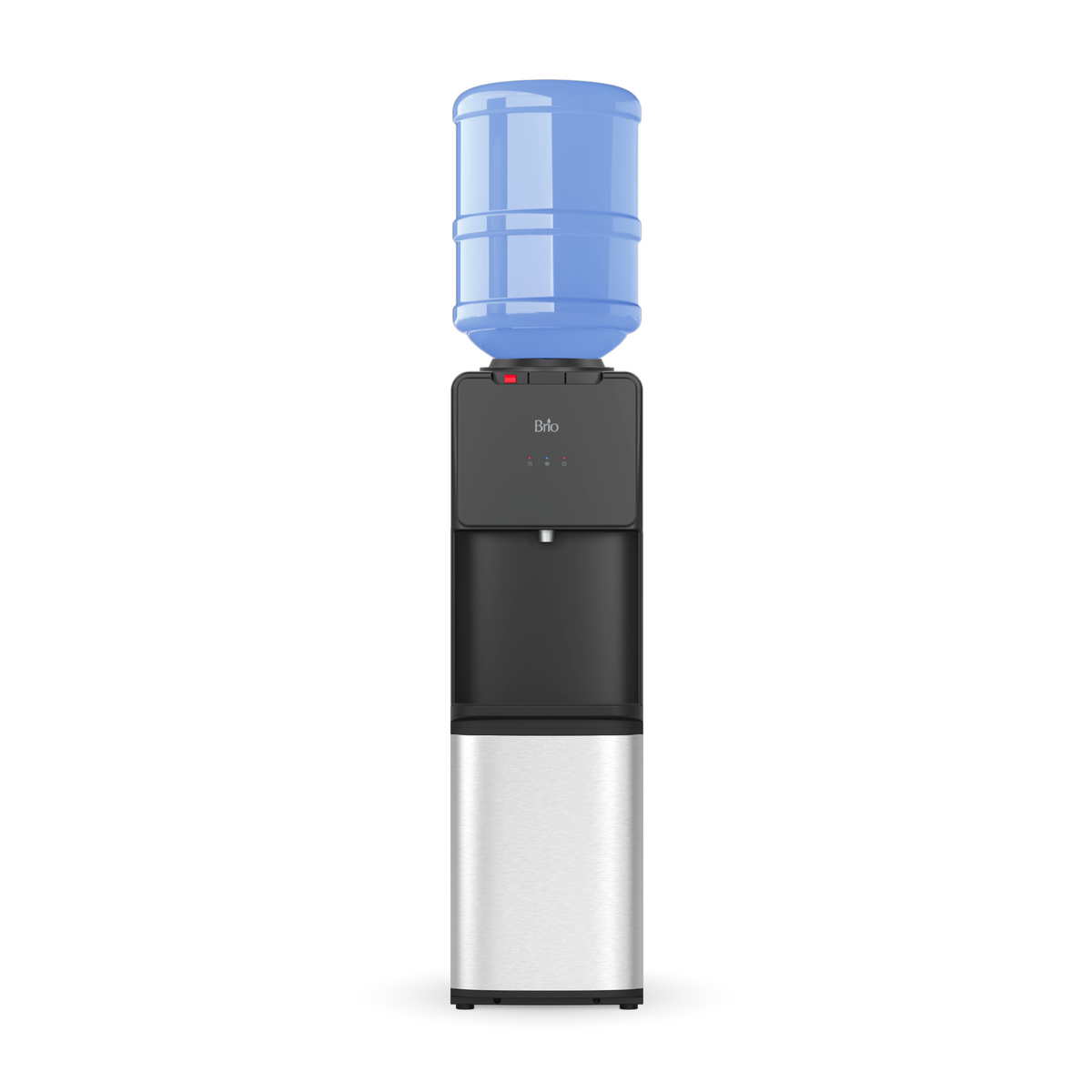 A contemporary Top Load Water Cooler Stainless Steel - 130 Series with a large blue water jug on top, showcasing a stylish black and silver dispenser unit equipped with dual-temperature dispensing and a handy no-spill system, displayed against a plain white background.