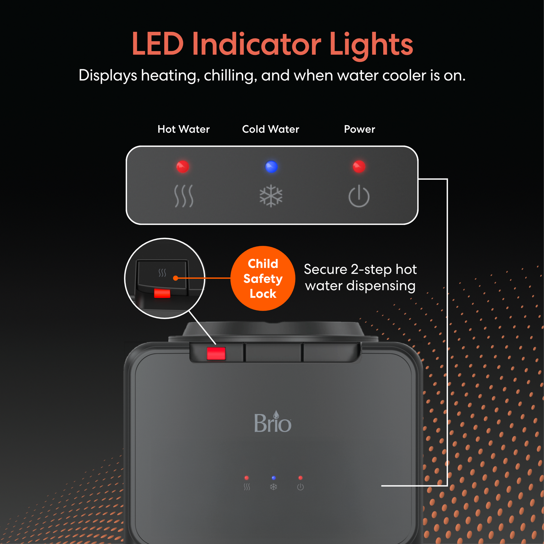 Brio 130 Series water cooler with LED indicator lights on a black background