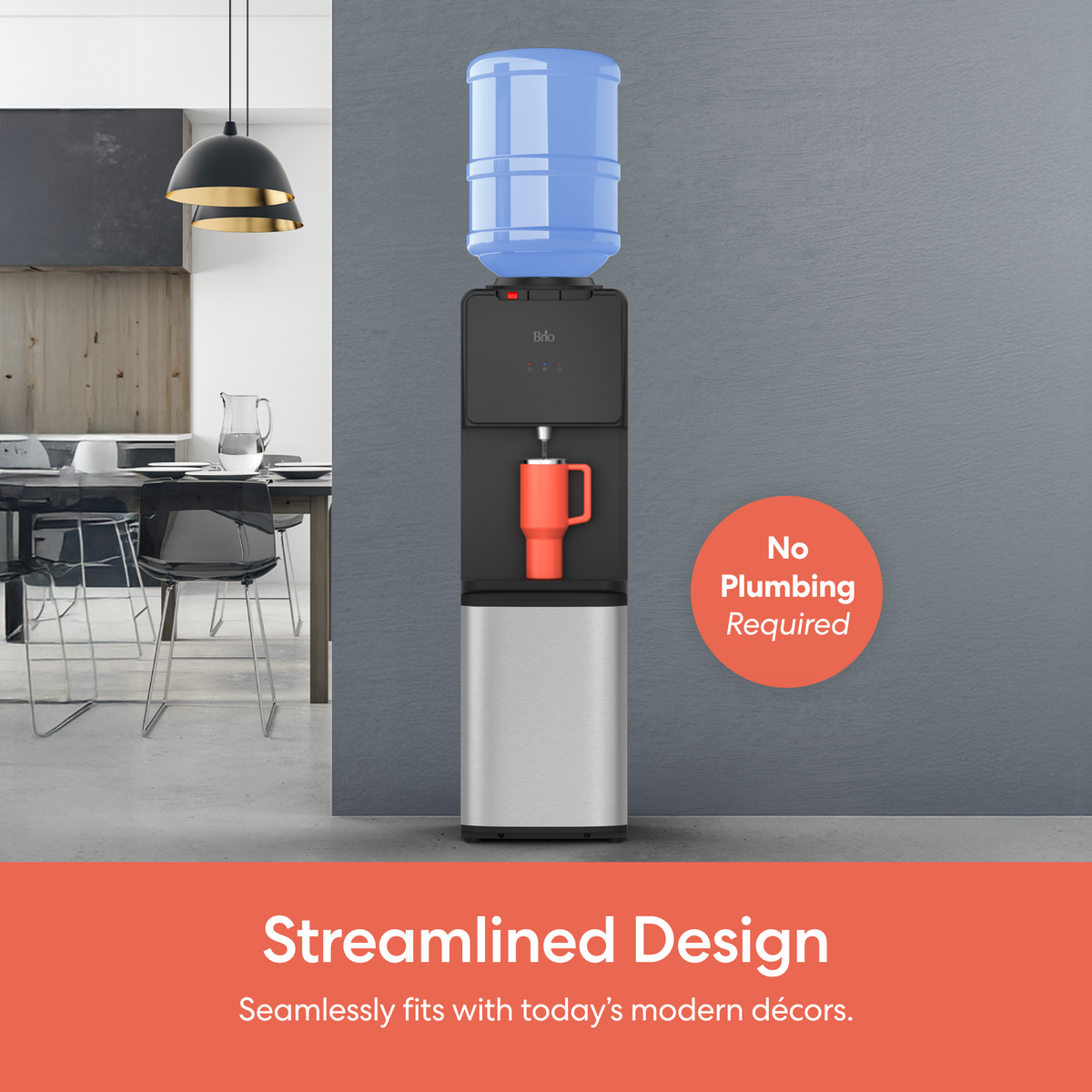 A Top Load Water Cooler Stainless Steel - 130 Series with a blue bottle and red mug stands in a modern kitchen. A circle highlights No Plumbing Required. Featuring a no-spill system and dual-temperature dispensing, this streamlined design seamlessly fits with today’s modern décors.