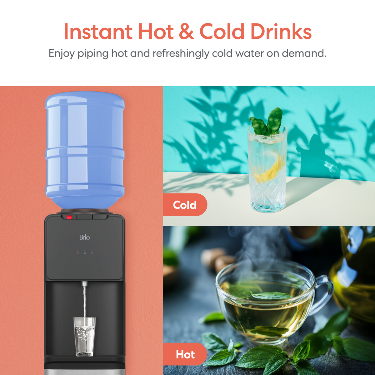A Top Load Water Cooler Stainless Steel- 130 Series with a blue bottle dispenses both hot and cold beverages through its dual-temperature feature, as illustrated by a glass of iced water with mint labeled Cold and a cup of hot green tea labeled Hot. Its convenient no-spill system allows for easy, mess-free bottle changes.
