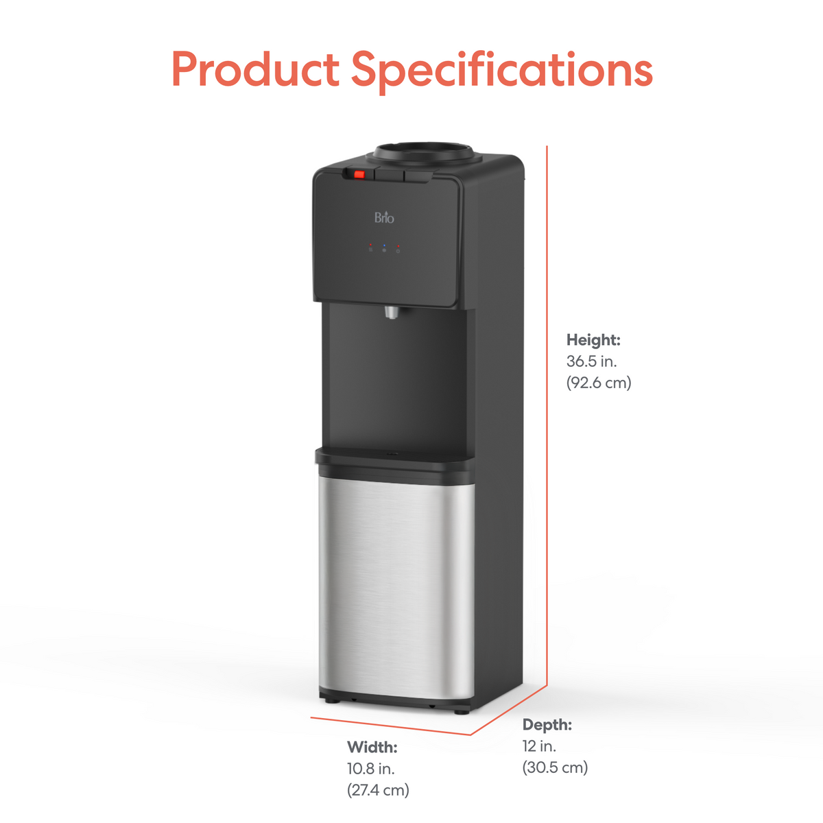 A black and silver Top Load Water Cooler Stainless Steel - 130 Series with product specifications listed: height 36.5 in (92.6 cm), width 10.8 in (27.4 cm), and depth 12 in (30.5 cm). Designed with dual-temperature dispensing and a convenient no-spill system, this unit provides both style and functionality. Text reads Product Specifications at the top.