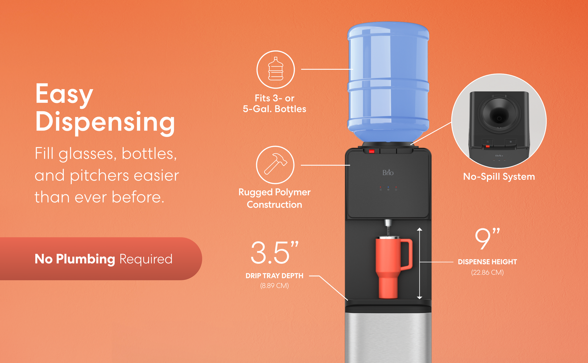 A nine inch dispense height and 3.5 inch drip tray depth are two of the many features of the Brio 130 Series top load cooler.