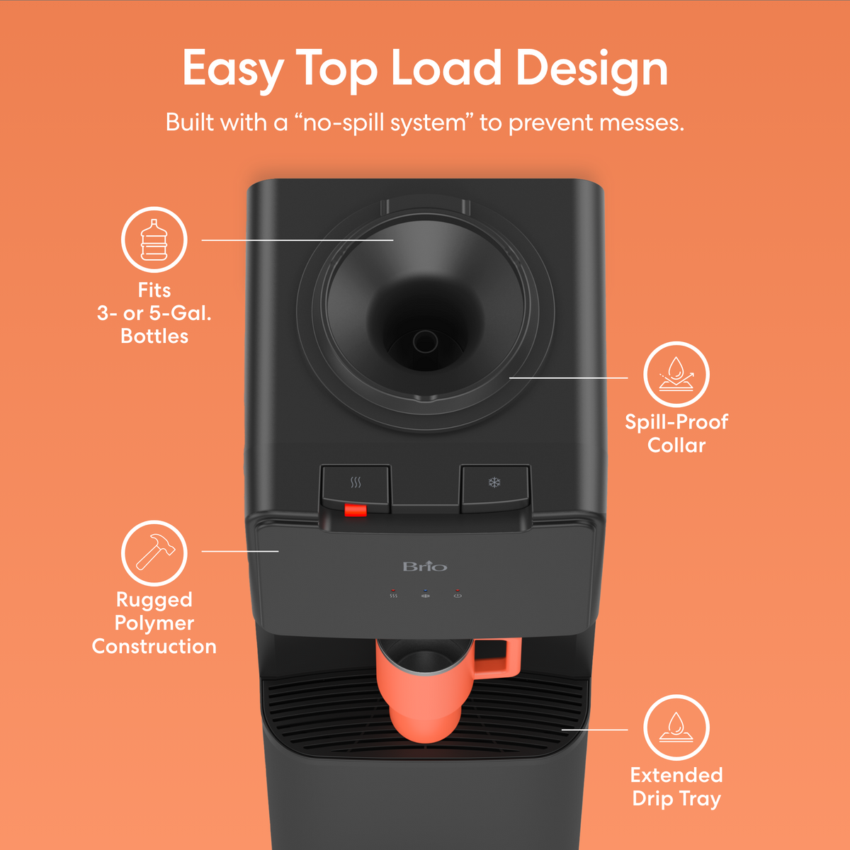 The Top Load Water Cooler - 130 Series features a rugged polymer build, no-spill system, dual-temp dispensing, fits 3- or 5-gallon bottles, and has an extended drip tray; shown with an orange background and cup.
