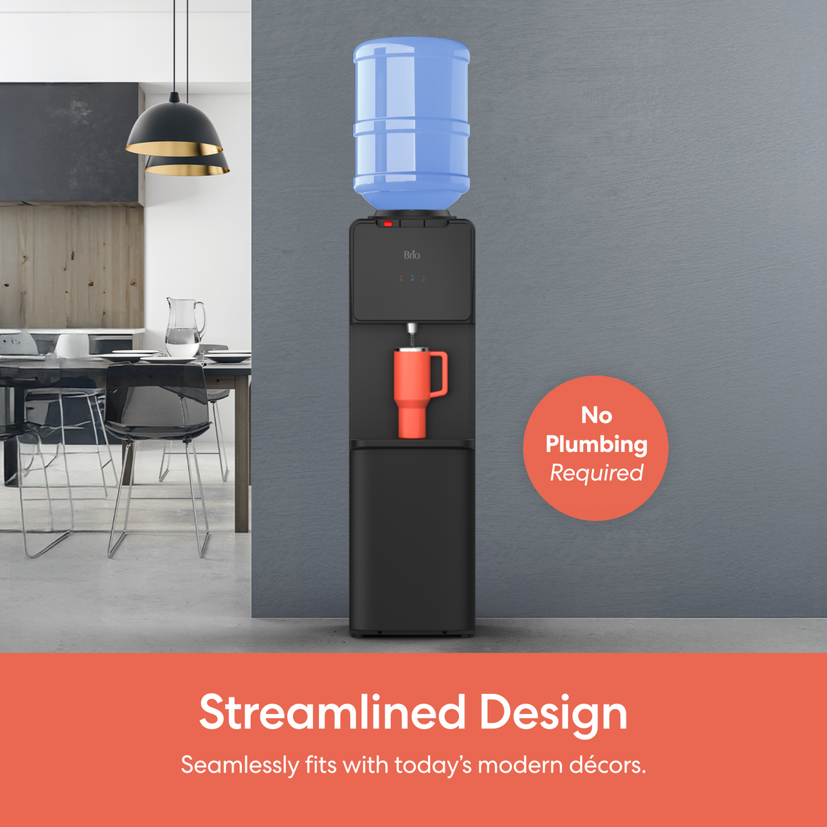 A Top Load Water Cooler - 130 Series with a blue bottle and red mug stands in a modern kitchen. A badge reads No Plumbing Required. At the bottom: Streamlined Design—Seamlessly fits with today’s modern décors.