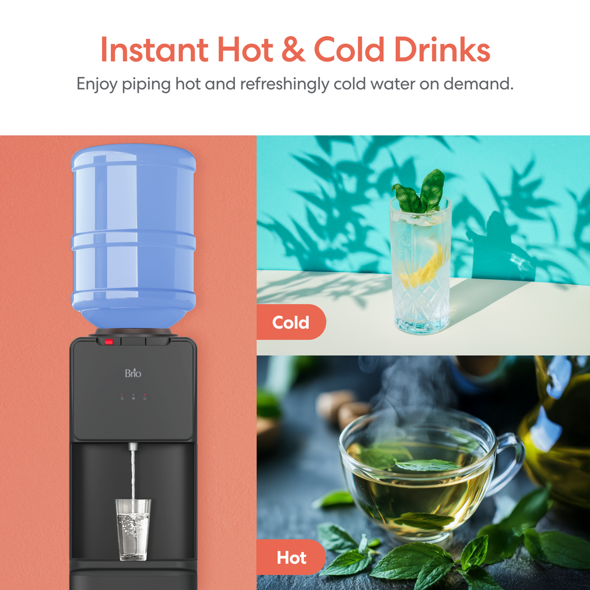 The Top Load Water Cooler - 130 Series dispenses instant hot and cold drinks. A blue-jugged cooler pours water, with a glass of cold lemon-mint water labeled “Cold” and a cup of hot tea labeled “Hot.” Dual temperature dispensing.