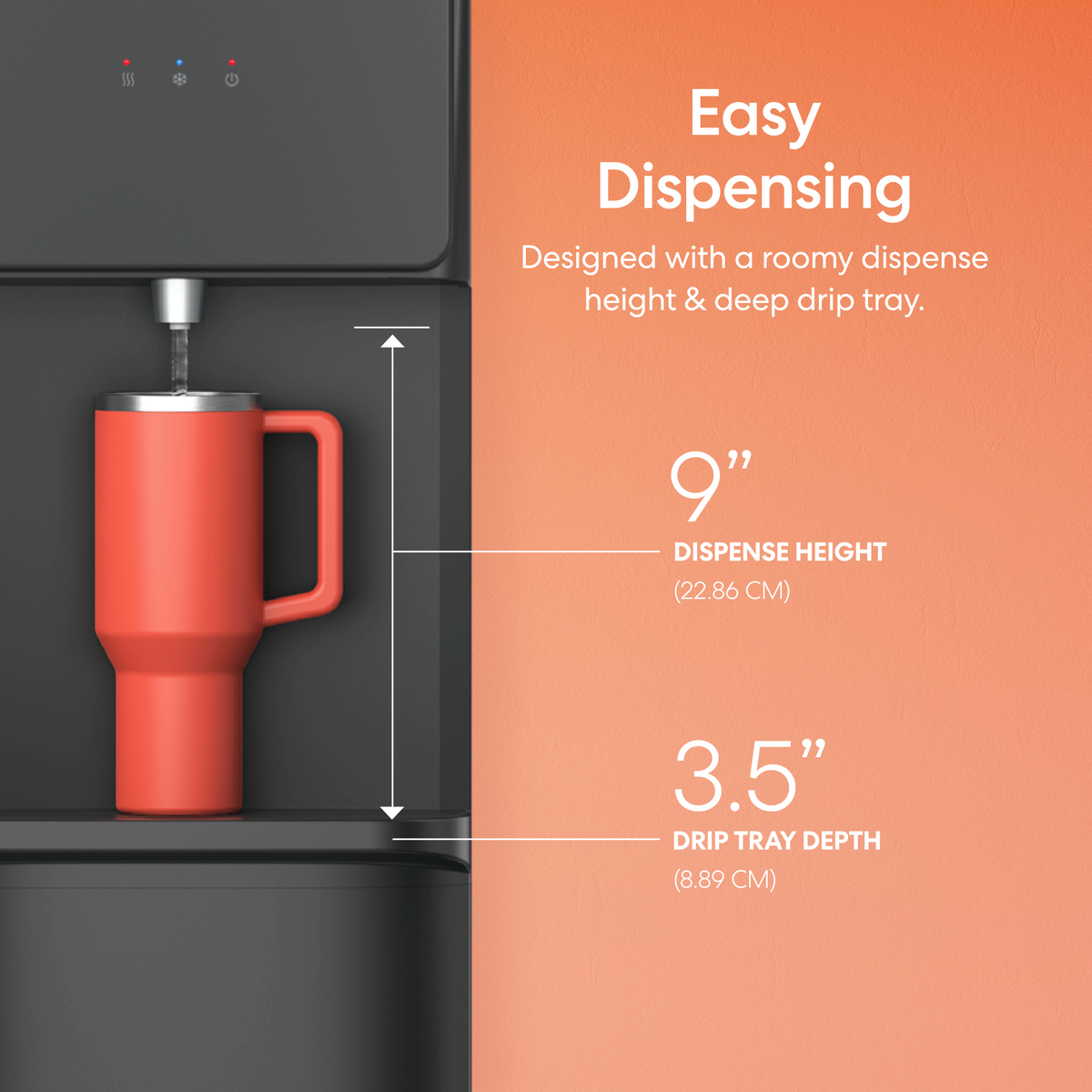 A tall orange mug is filled at the Top Load Water Cooler - 130 Series, which features dual temperature dispensing, a 9-inch (22.86 cm) dispense height, and a 3.5-inch (8.89 cm) drip tray depth under the Easy Dispensing heading on an orange background.