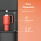 A tall orange mug is filled at the Top Load Water Cooler - 130 Series, which features dual temperature dispensing, a 9-inch (22.86 cm) dispense height, and a 3.5-inch (8.89 cm) drip tray depth under the Easy Dispensing heading on an orange background.