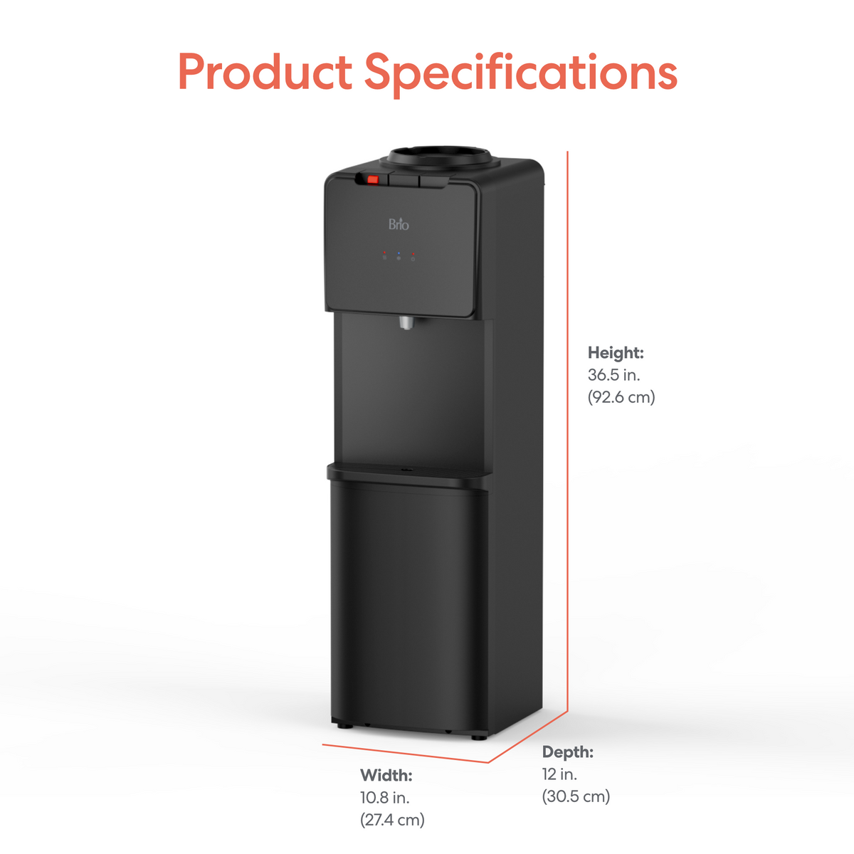 Top Load Water Cooler - 130 Series in black with top-loading design and dual temperature dispensing. Dimensions: 36.5 in (92.6 cm) H, 10.8 in (27.4 cm) W, 12 in (30.5 cm) D. Text: Product Specifications shown.