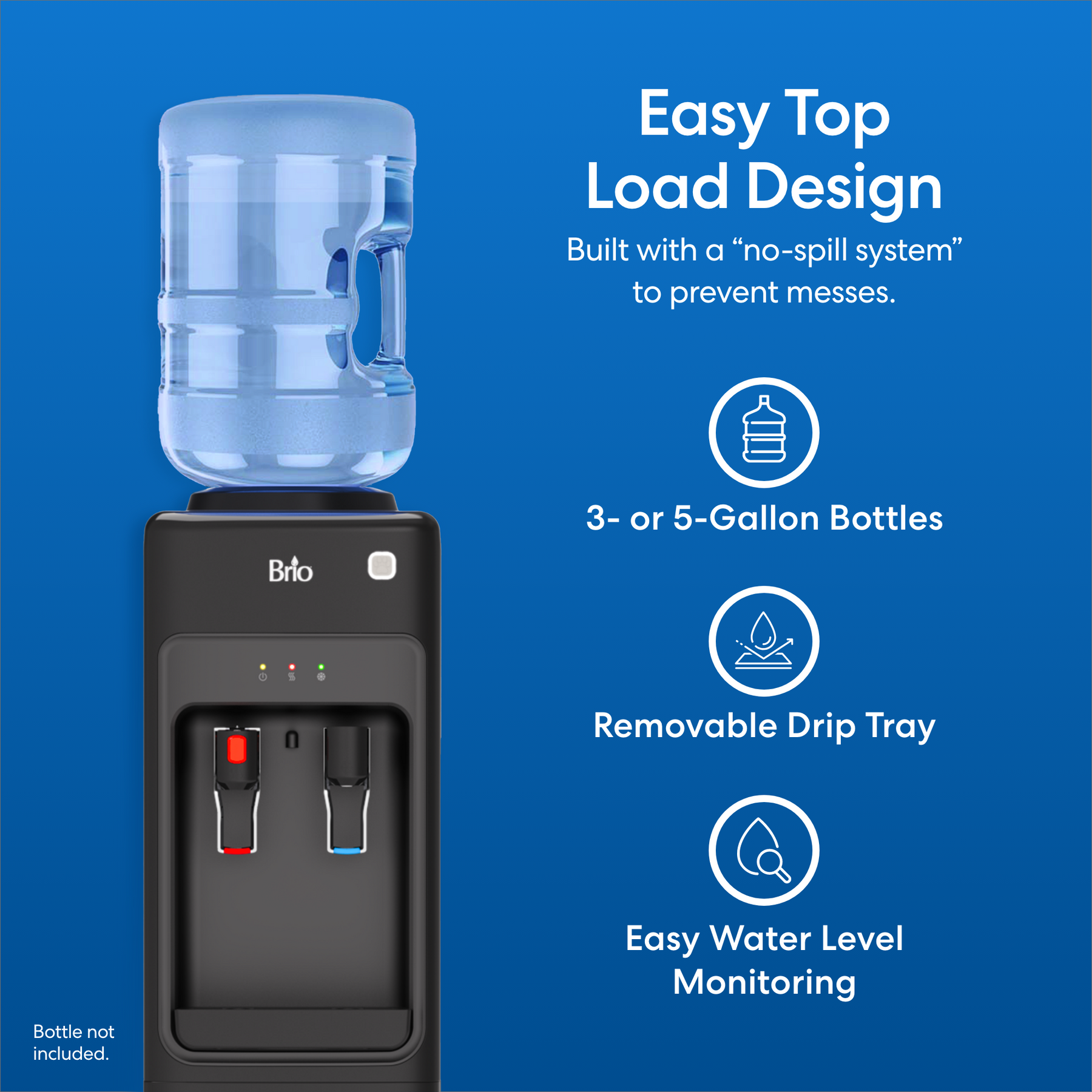 A Brio Top Load Water Cooler & Dispenser with Built-In Pet Station features an easy top load design, fits 3- or 5-gallon bottles, has a removable drip tray, and lets you monitor water levels easily. Blue background.
