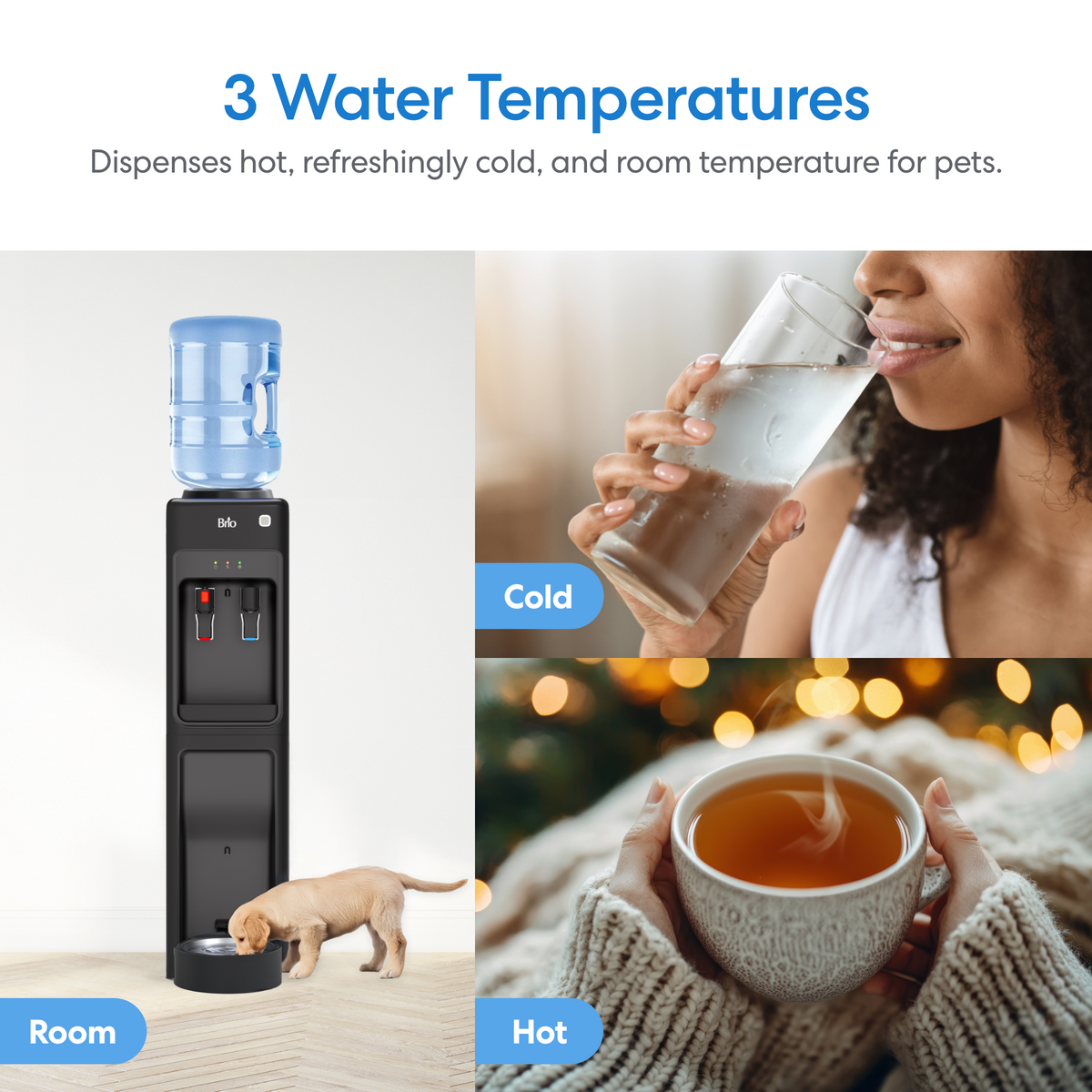The Top Load Water Dispenser with Built-In Pet Station - Model 320 offers three water temperatures: a puppy enjoys room temperature water from the pet station bowl, a woman pours cold water from the dispenser, and hands hold a steaming mug filled with hot water—showcasing refreshing hydration for every member of your family.
