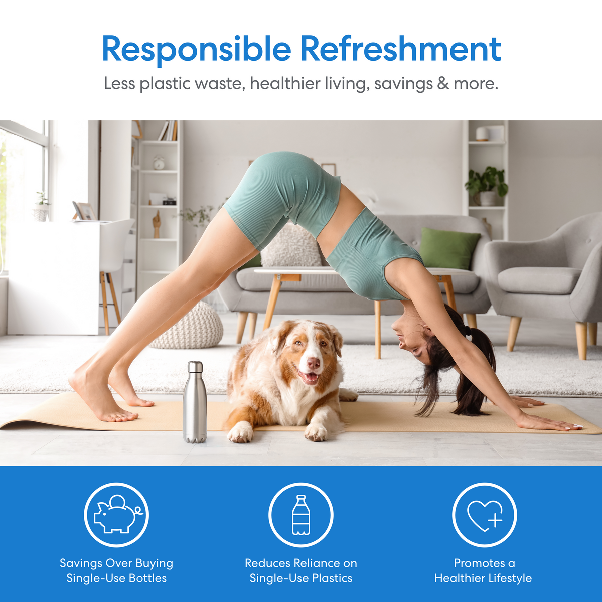 A woman practices yoga in downward dog pose on a mat beside her dog, a reusable water bottle, and the Top Load Water Dispenser with Built-In Pet Station - Model 320 in the living room. Text encourages responsible refreshment and reducing plastic waste.