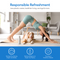 A woman practices yoga in downward dog pose on a mat beside her dog, a reusable water bottle, and the Top Load Water Dispenser with Built-In Pet Station - Model 320 in the living room. Text encourages responsible refreshment and reducing plastic waste.