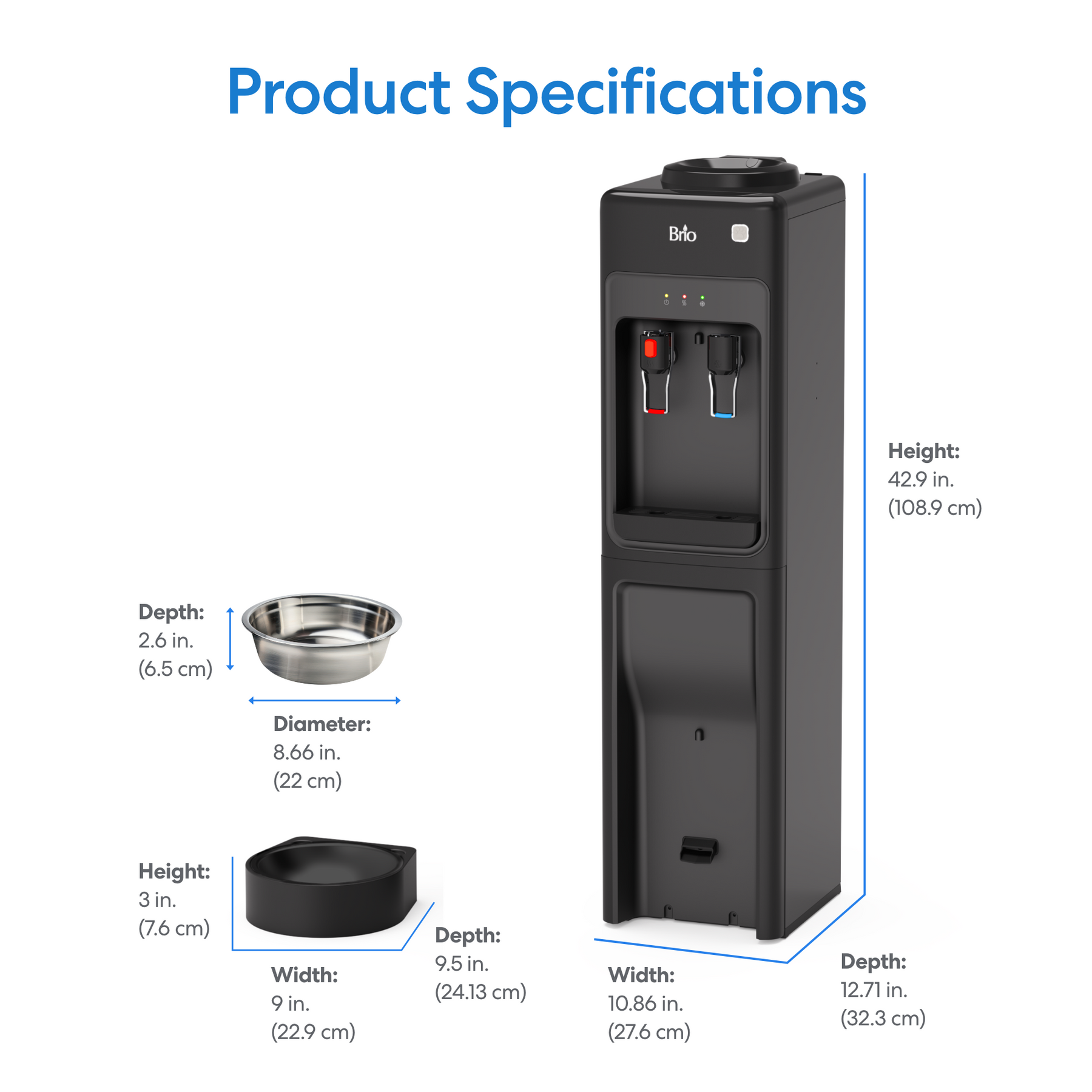 The Brio Top Load Water Cooler & Dispenser with Built-In Pet Station in black is shown with labeled dimensions: 42.9 in (H) x 10.86 in (W) x 12.71 in (D). A bowl and cup with measurements are nearby for size reference.