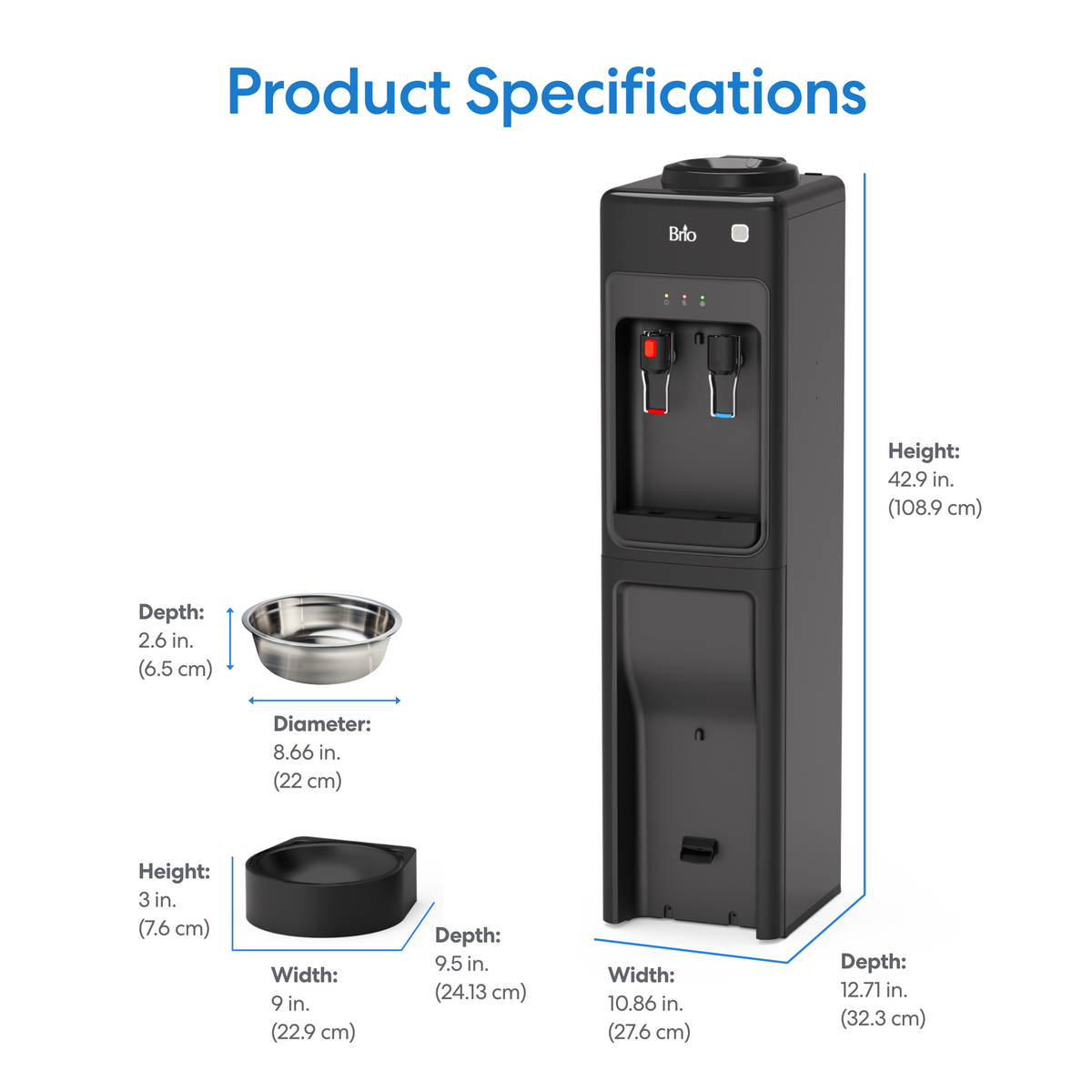 Introducing the Top Load Water Dispenser with Built-In Pet Station - Model 320: This black dispenser comes complete with an attached cup holder and drip tray. Designed for versatility, it features clearly labeled bowl and tray sizes, making it perfect for both home and office hydration—or as a convenient pet water station. Product dimensions are height 42.9 in, depth 12.71 in, and width 10.86 in.