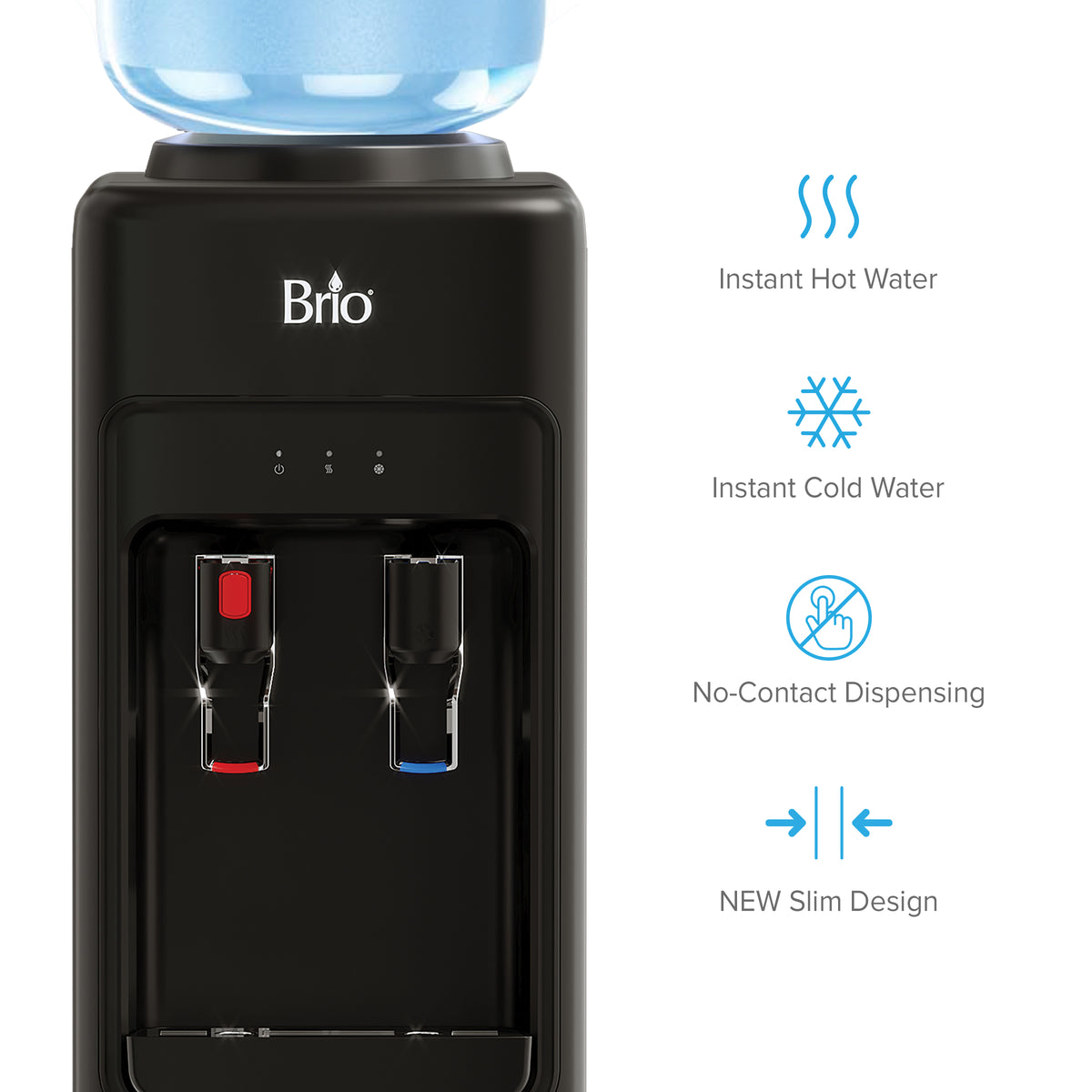 Black Top Load Water Cooler - 320 Slim Series with hot and cold taps features a blue water jug on top. Next to it, icons and text highlight key features: instant hot and cold water, no-contact dispensing, and a new slim design.