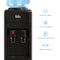 Black Top Load Water Cooler - 320 Slim Series with hot and cold taps features a blue water jug on top. Next to it, icons and text highlight key features: instant hot and cold water, no-contact dispensing, and a new slim design.