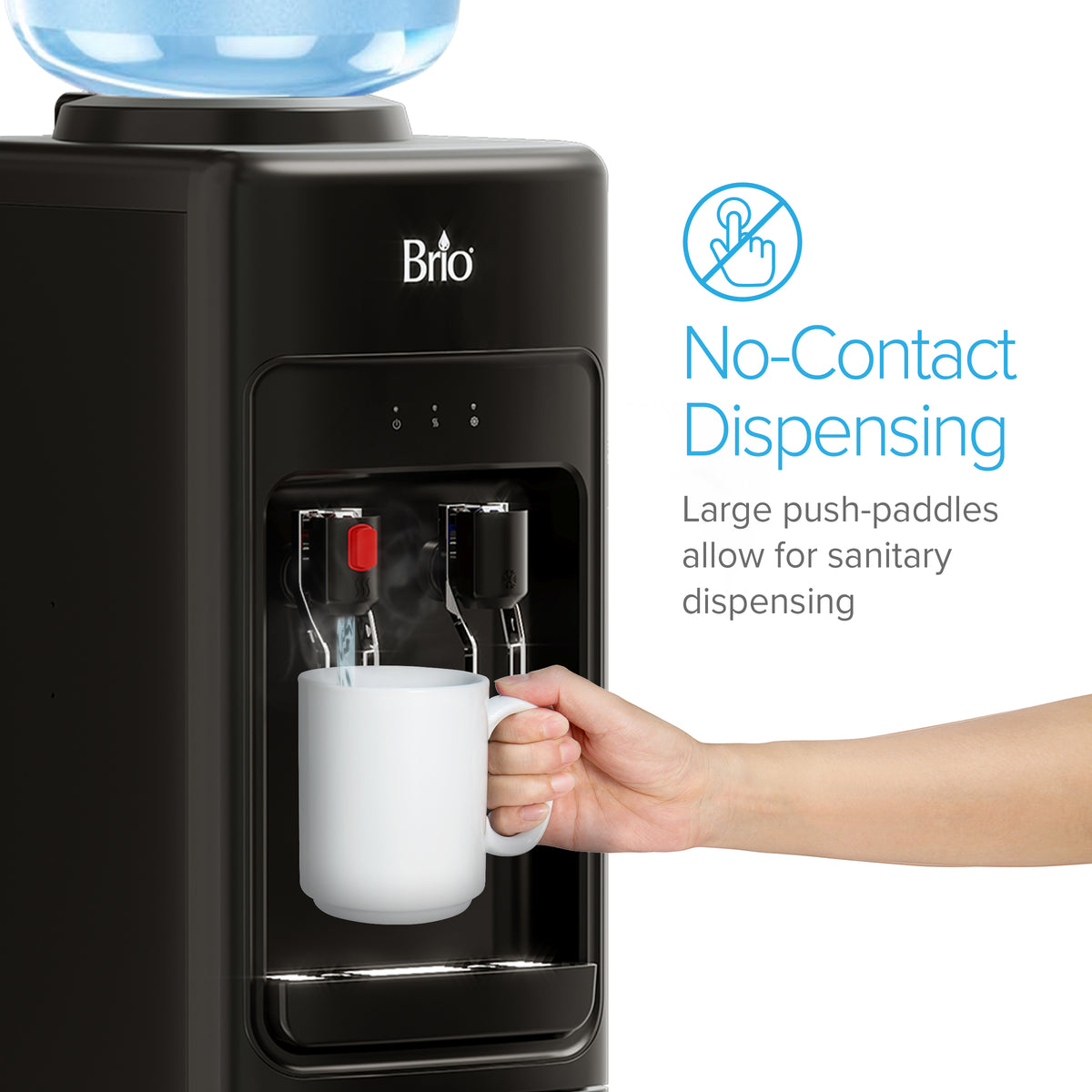 A hand holds a white mug under a Black Top Load Water Cooler - 320 Slim Series with large push-paddles. Text reads: No-Contact Dispensing. Large push-paddles allow for sanitary dispensing.