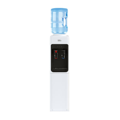 The Brio 300 Slim Series White Top Load Water Cooler features dual spouts with red and blue levers for easy hot and cold water dispensing, making it a perfect addition to any home or office.