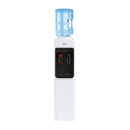 The Brio 300 Slim Series White Top Load Water Cooler features dual spouts with red and blue levers for easy hot and cold water dispensing, making it a perfect addition to any home or office.