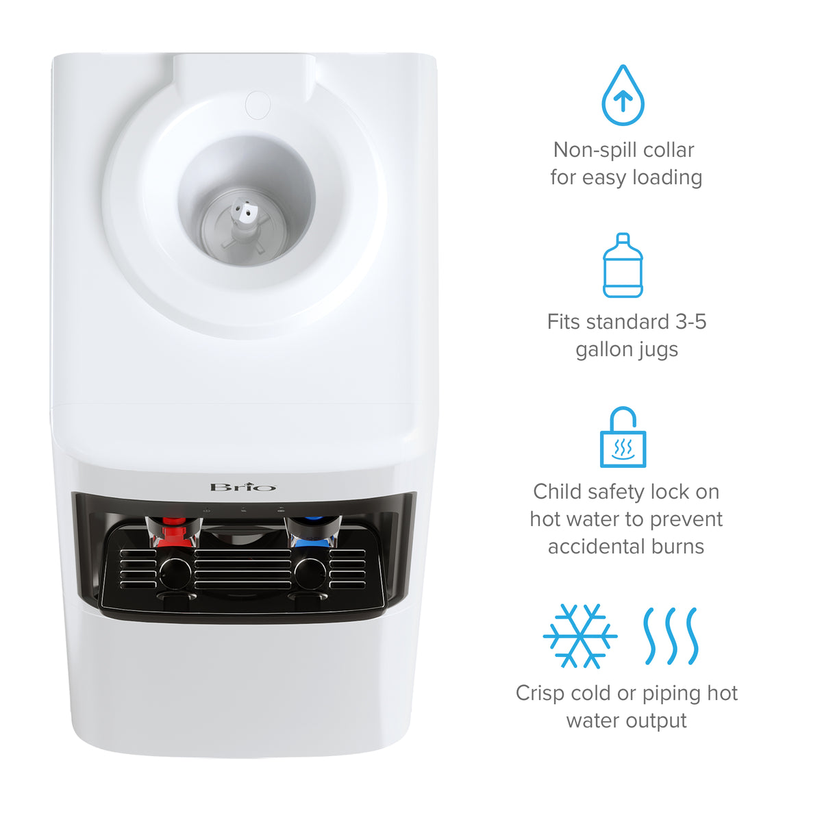 Introducing the White Top Load Water Cooler - 320 Sim Series, featuring blue and red taps, an easy-to-use non-spill collar, and highlighted benefits such as compatibility with 3-5 gallon jugs, a child safety lock on the hot water tap, and both hot and cold water output. Designed for convenient use at home or in the office, this dispenser delivers reliable hydration with enhanced safety features.