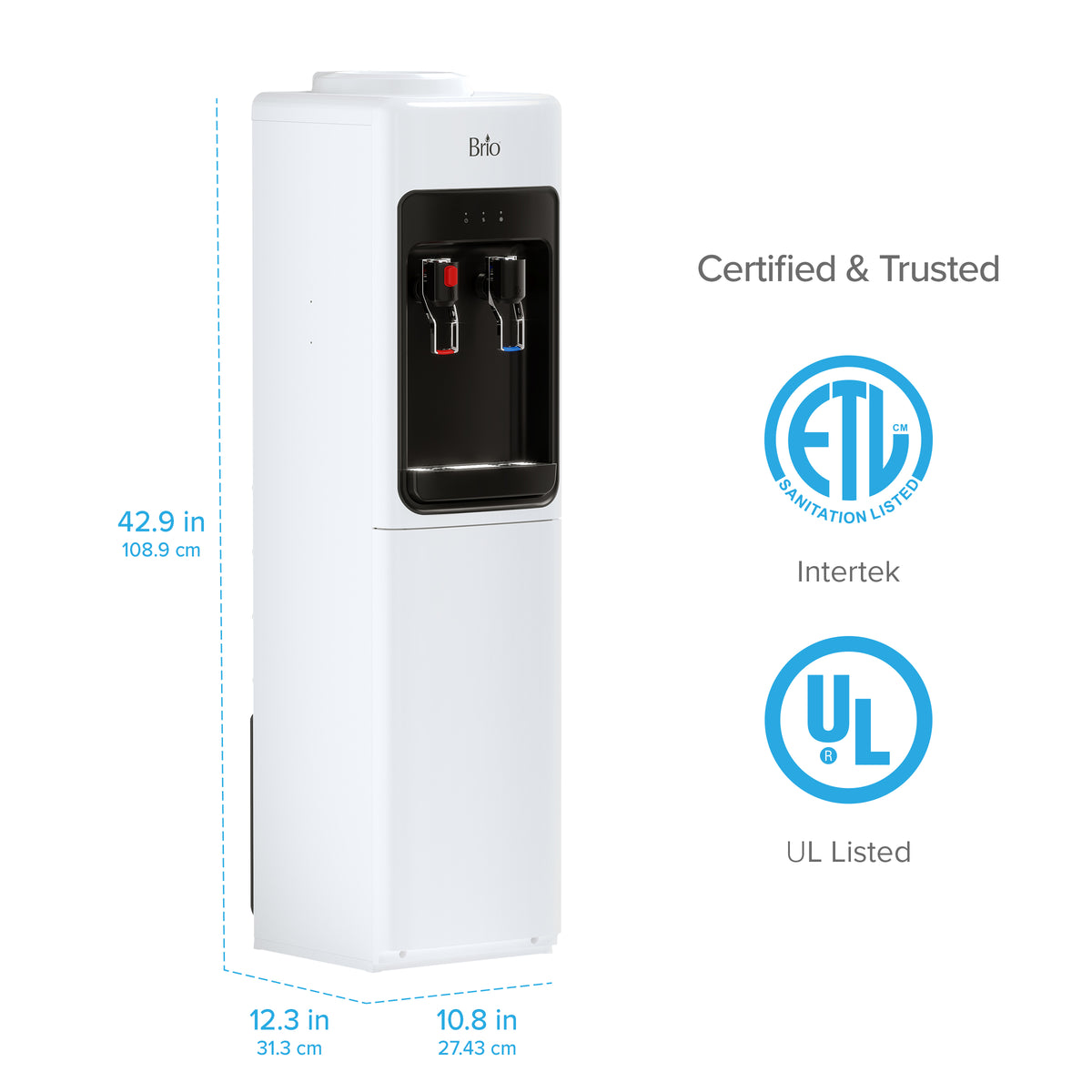 White Top Load Water Cooler – 320 Sim Series featuring hot and cold water dispensing, displayed beside ETL and UL certification icons. Dimensions: 42.9″ high x 12.3″ wide x 10.8″ deep.