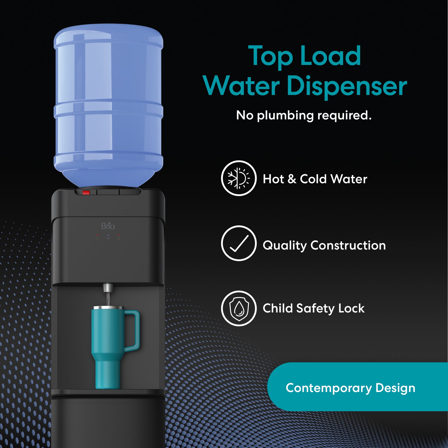 Brio 430 Series Top load water dispenser with blue water tank and black base on a dark background
