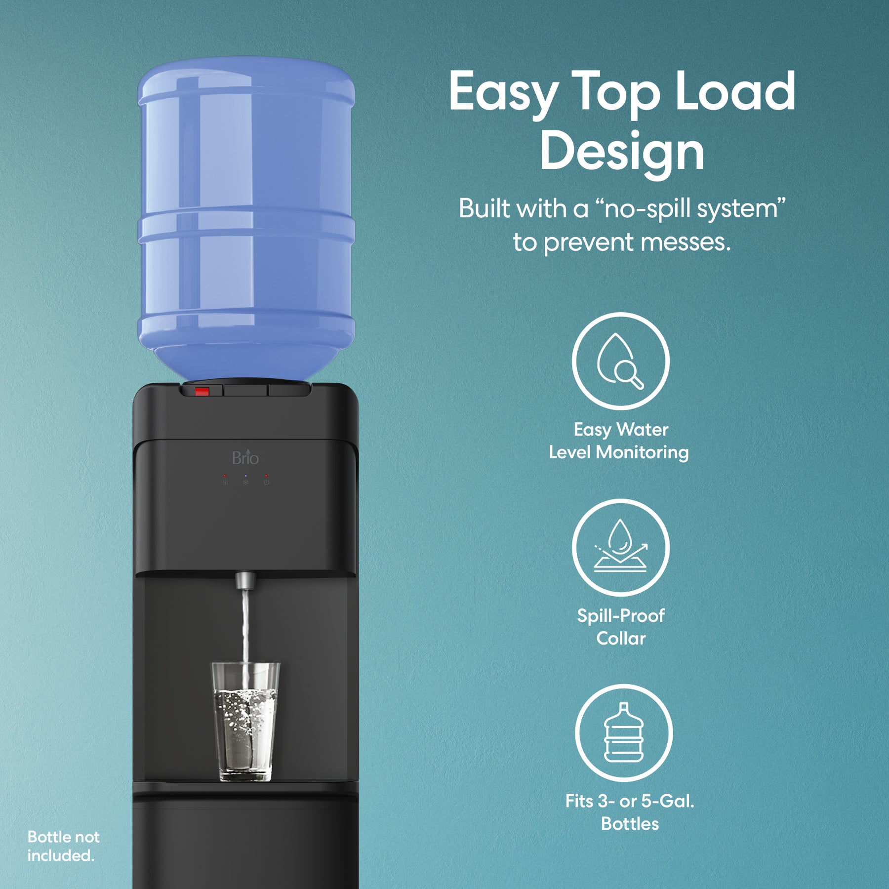 Brio 430 Series top load water dispenser with blue water bottle and features listed on a teal background