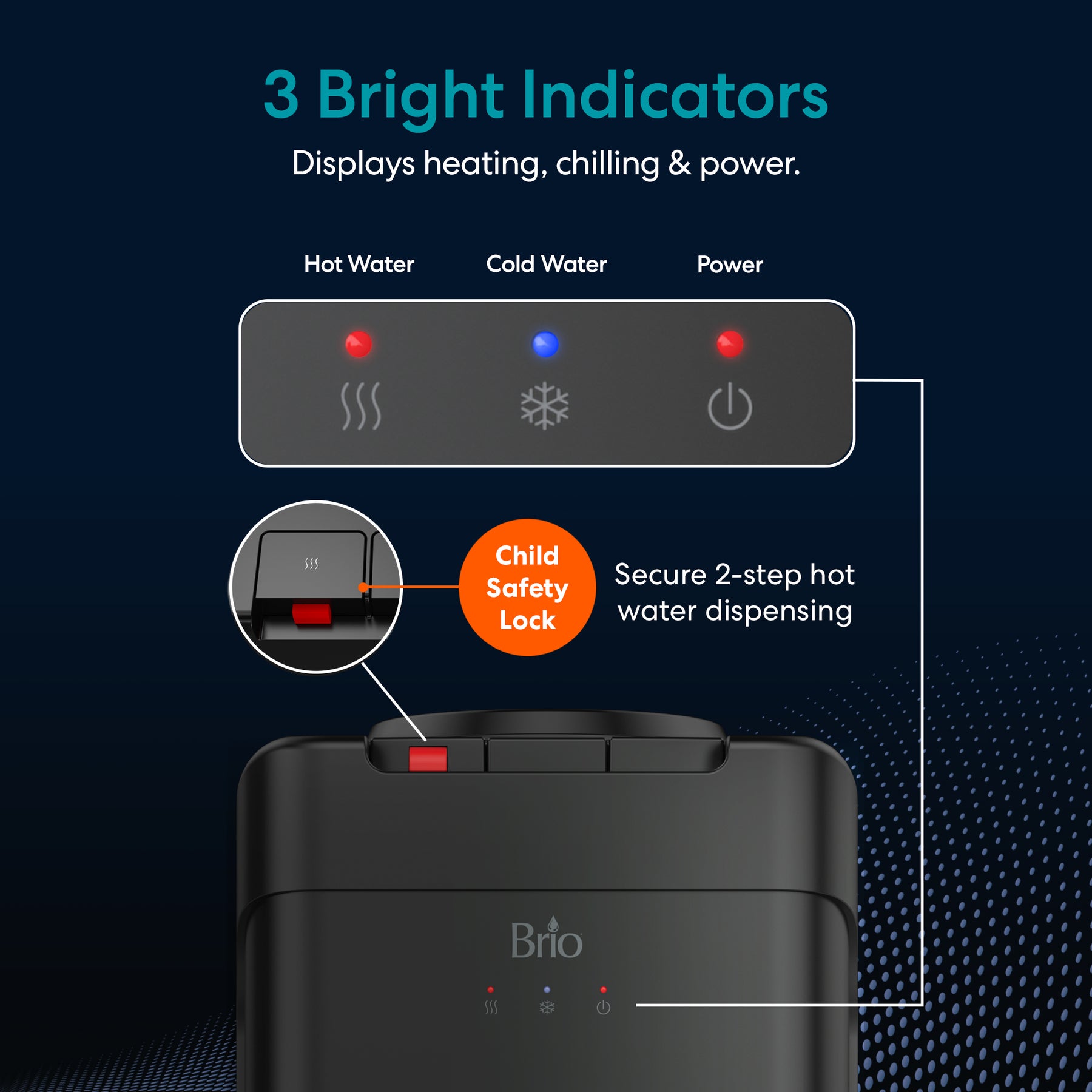 Brio 430 Series Top Load Water Dispenser with bright indicators and child safety lock on a dark blue background