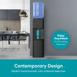 Modern water cooler with blue container in a kitchen setting, featuring text 'Enjoy Anywhere No Plumbing Required'.