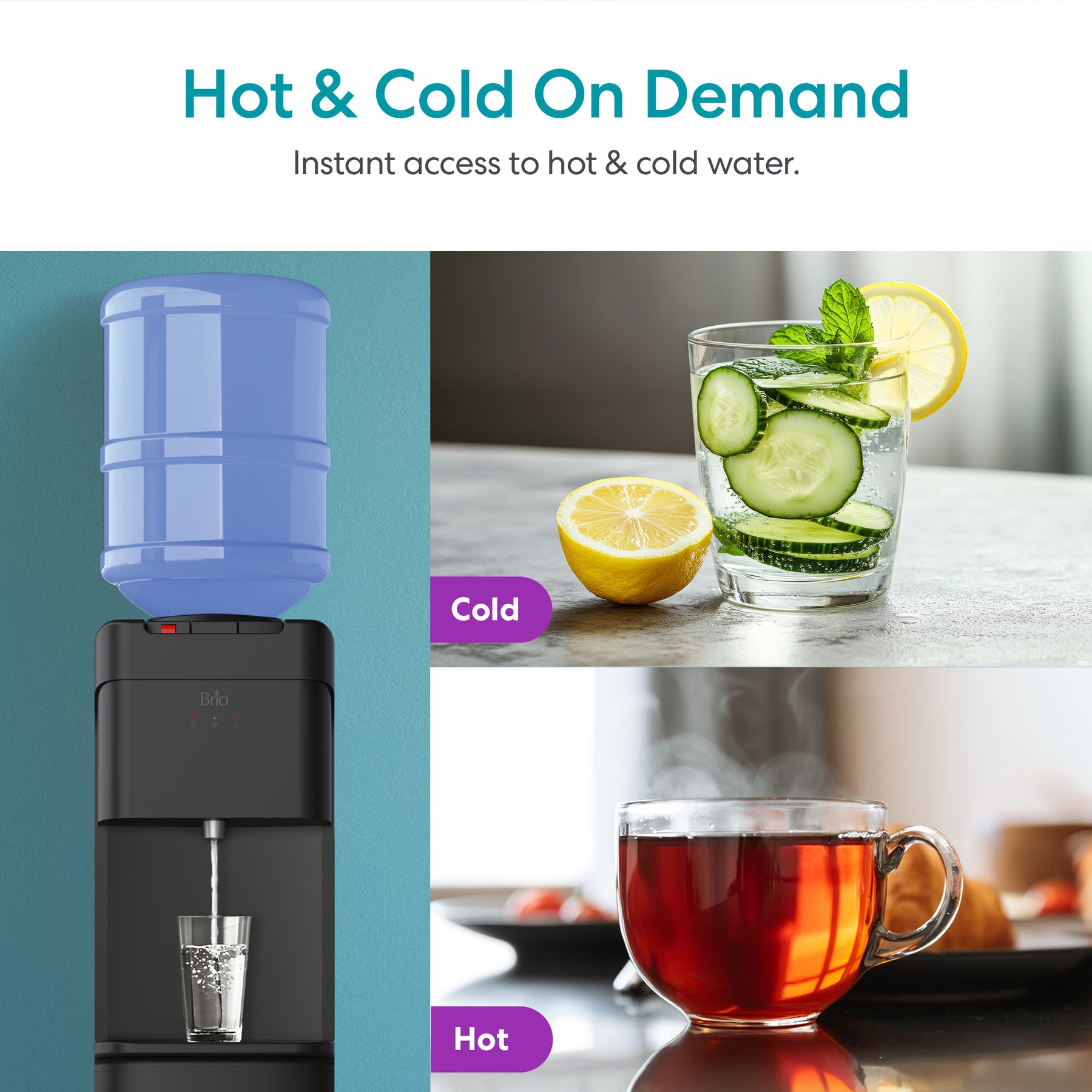 Hot and cold water dispenser with images of cold and hot water being used.