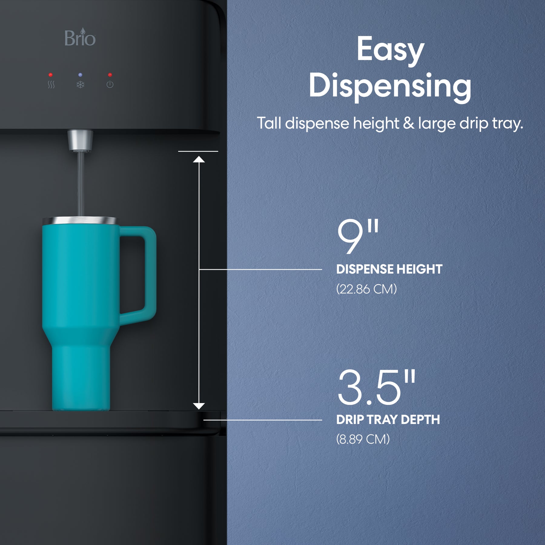 Teal mug being filled from a Brio 430 Series top load water dispenser with measurements on a blue background