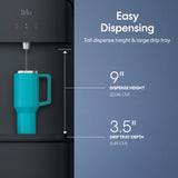 Teal mug being filled from a Brio 430 Series top load water dispenser with measurements on a blue background