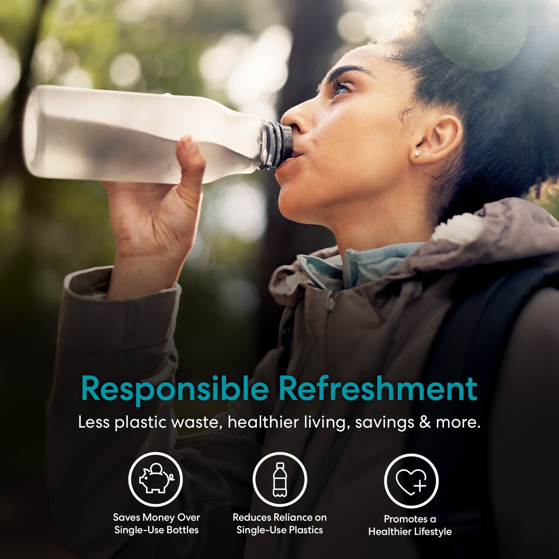 Person drinking from a water bottle with 'Responsible Refreshment' text and icons.