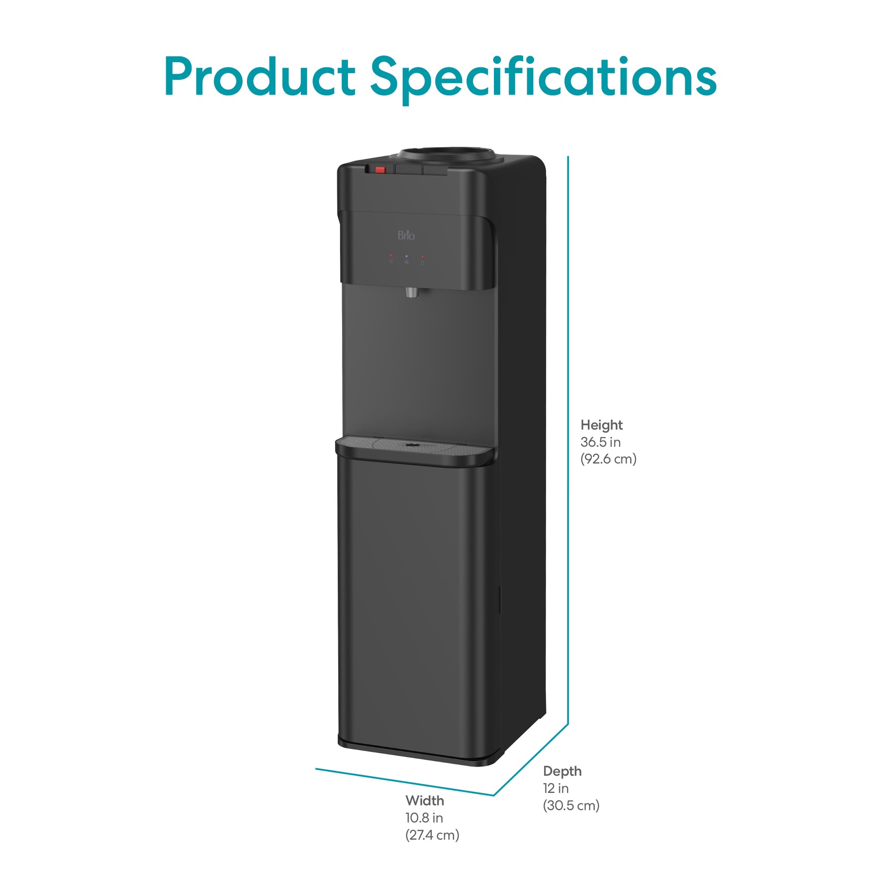 Brio 430 Series Top load Black water cooler with dimensions labeled on a white background
