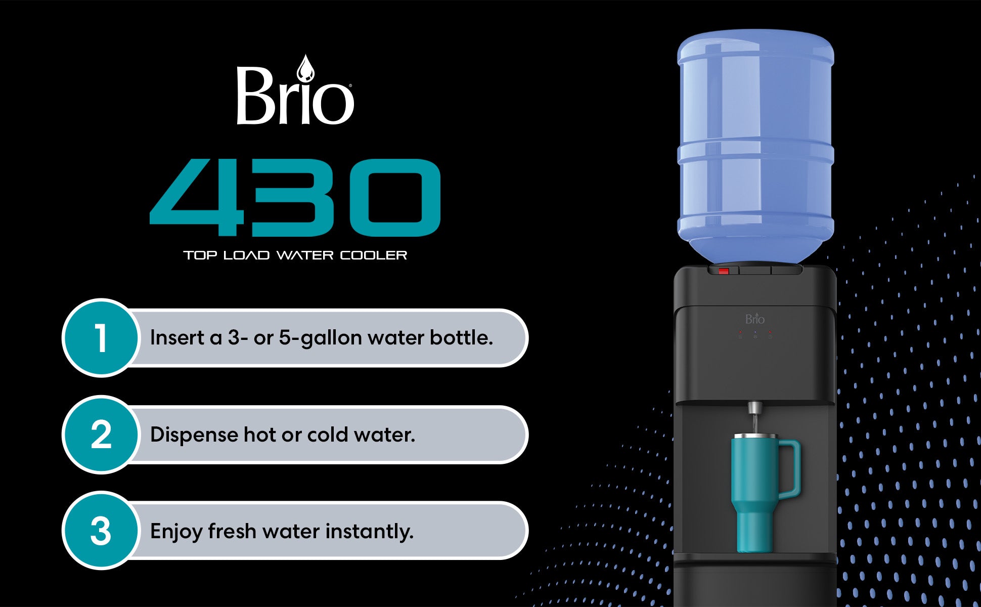 Brio 430  series top load water cooler with features on a black background