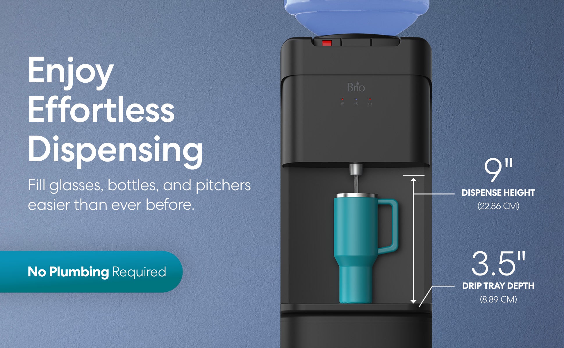 Brio 430 Series Black water dispenser with a blue cup on a gray background, featuring text about dispense height and drip tray depth.