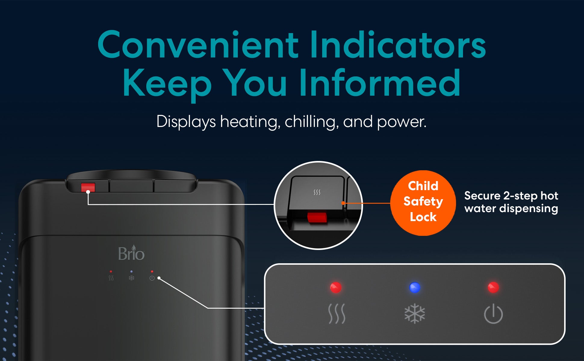 Suggestion


Brio 430 series Black top load water dispenser with indicator lights and safety lock feature on a dark blue background