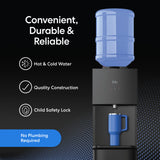 The Brio 530 Series Hot & Cold Top Load Water Cooler with a blue water jug and cup displays: Convenient, Durable & Reliable, plus icons for hot/cold dispenser, quality construction, child safety lock, and No Plumbing Required.