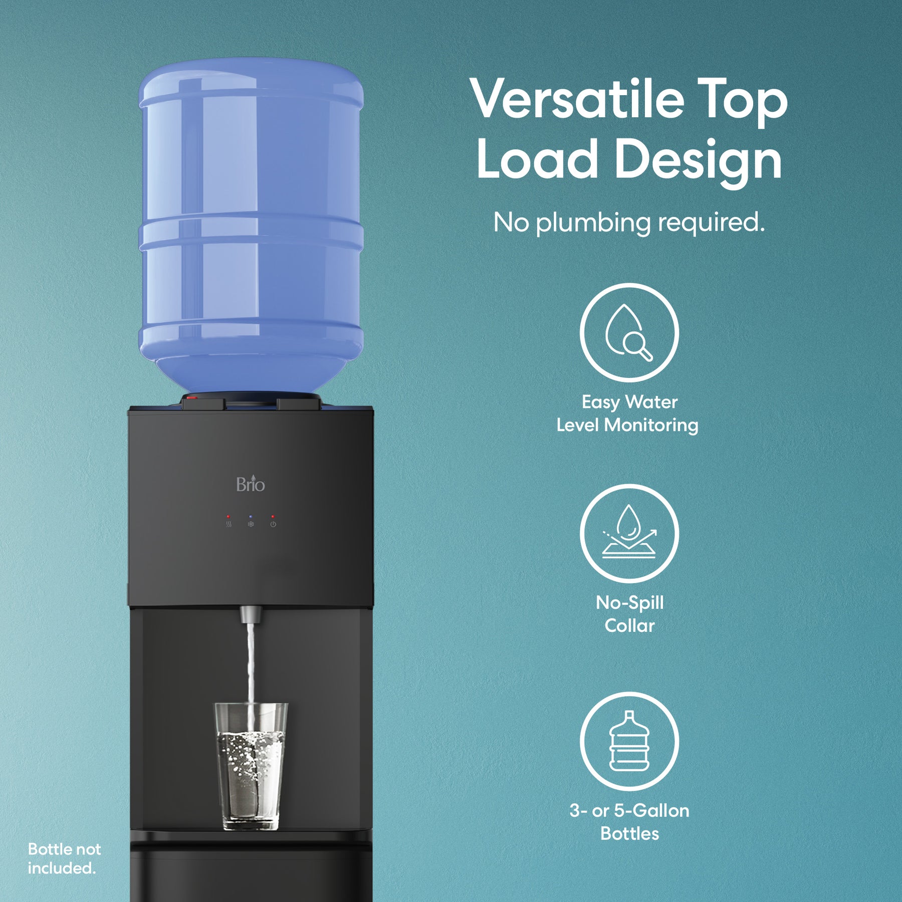The Brio 530 Series Hot & Cold Top Load Water Cooler in black features a child safety lock, no-spill collar, easy water monitoring, and fits 3- or 5-gallon bottles. No plumbing is required; just add your bottle and dispense hot or cold water easily.