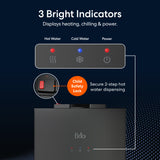 Image of the Brio 530 Series Hot & Cold Top Load Water Cooler panel, featuring three bright indicator lights, a close-up of the child safety lock, and a secure 2-step hot water dispensing button.